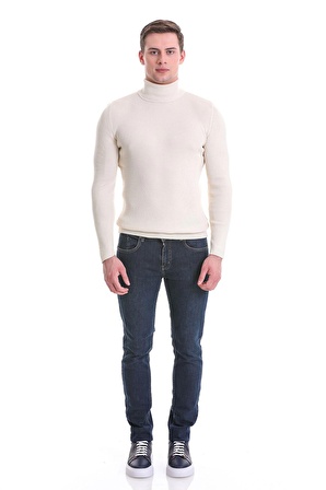 Bej Slim Fit Fitilli Balıkçı Yaka Yünlü Triko Kazak | XXL