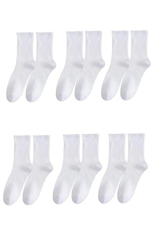 6 Çift Düz Beyaz Renk Unisex Kolej Çorap