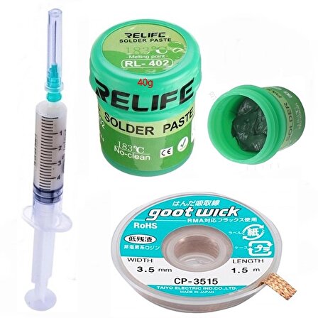 RELIFE RL-402 Krem Lehim Paste  40G Ve Flux Lehim Toplama Ve CP 3515 Emme Teli Seti