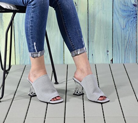 Kadın Triko Şeffaf Topuklu Ayakkabı