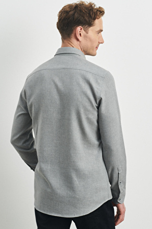 Erkek Açık Gri Slim Fit Dar Kesim Düğmeli Yaka Flanel Oduncu Gömlek