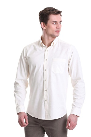 Bej Slim Fit Düz 100% Pamuklu Düğmeli Yaka Uzun Kollu Klasik Gömlek | L