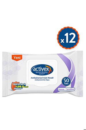 Activex Antibakteriyel Islak Mendil Hassas 50'li 12 Adet