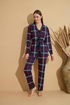 Kadın  Milan ipek Dantel Detaylı Üçlü Pijama Takımı