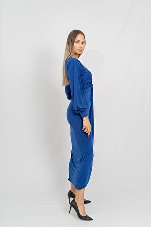 Kadın Saks Mavisi V Yaka Yırtmaçlı Uzun Abiye Elbise 