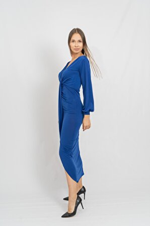 Kadın Saks Mavisi V Yaka Yırtmaçlı Uzun Abiye Elbise 