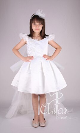 Beyaz Uzun Katlı Etekli Lol Çocuk Abiye Gelinlik Elbise