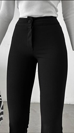 Kadın Yüksek Bel Toparlayıcı Full Esnek Siyah İspanyol Paça Pantolon