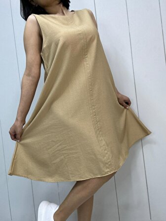Kadın Sırtı Fermuarlı Çan Keten Ayrobin Elbise