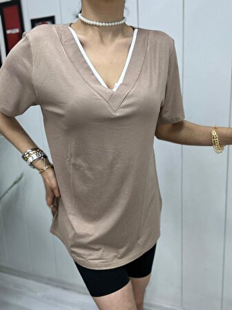 Kadın V Yaka Salaş Tişört