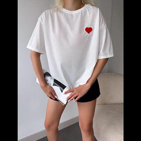 Kadın Kalp Detay Unisex Oversize T-shirt