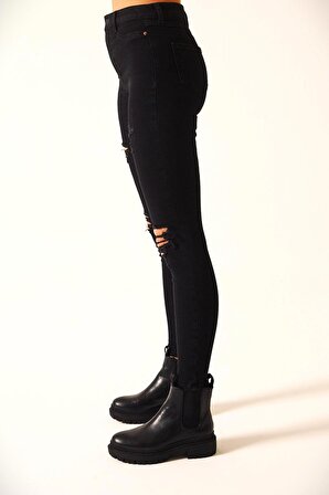 Kadın Siyah Yüksek Bel Skinny Fit Yıpratma Detaylı Jean Pantolon