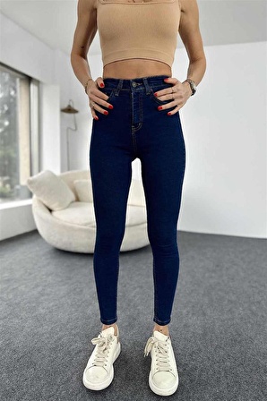 Kadın Ultra Yüksek Bel Likralı Skinny Jean Pantolon Koyu Mavi