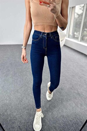 Kadın Ultra Yüksek Bel Likralı Skinny Jean Pantolon Koyu Mavi