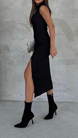 Kadın Esnek Kumaş Dik Yaka Kolsuz Yırtmaç Detay Tasarım Elbise