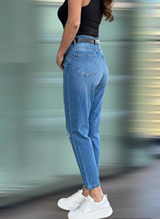 Kadın Yüksek Bel Yırtık Detaylı Mavi Jean Pantolon