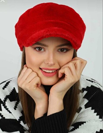 Kadın Kırmızı Peluş Kasket Şapka