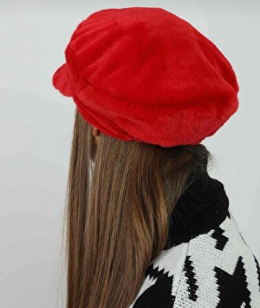 Kadın Kırmızı Peluş Kasket Şapka