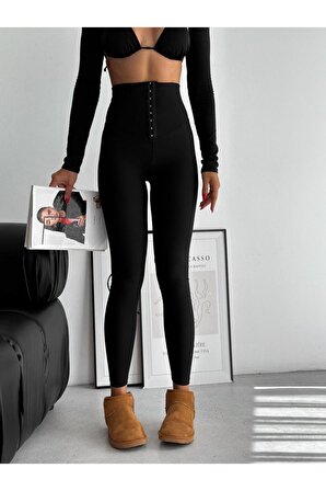 Kadın Siyah Korse Görünümlü Yüksek Bel Toparlayıcı Örme Çelik Kumaş Pantolon Tayt