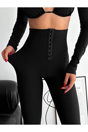 Kadın Siyah Korse Görünümlü Yüksek Bel Toparlayıcı Örme Çelik Kumaş Pantolon Tayt