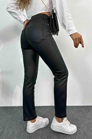 Kadın Yüksek Bel Mumlu Jean Pantolon Siyah