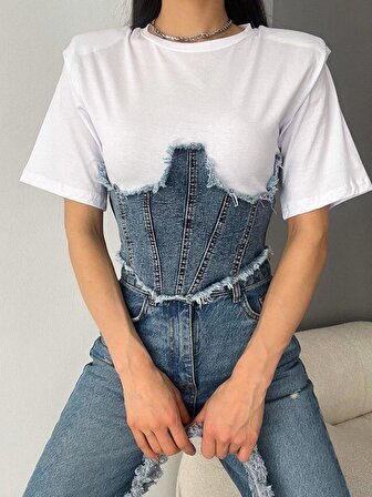 Kadın Kot Detaylı Vatkalı T-shirt