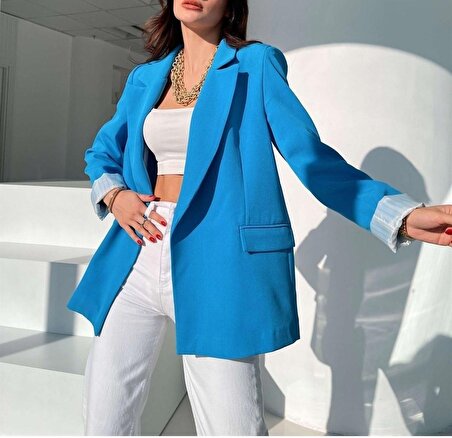 Kadın Astarı Çizgili Premium Kalite Krep Kumaş Ceket