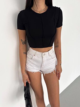 Kadın Ters Dikiş Kısa Kol Crop Tişört