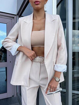 Kadın Astarı Çizgili Premium Kalite Krep Kumaş Ceket
