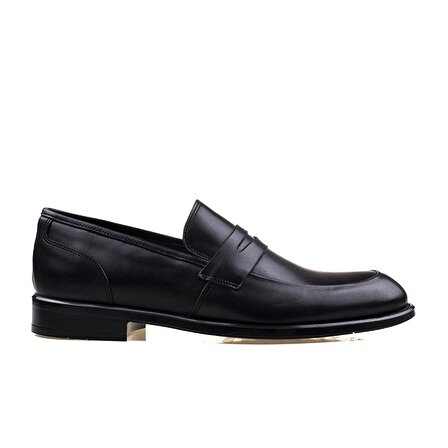 M2S Siyah Erkek Hakiki Deri Bağcıksız Klasik Ayakkabı