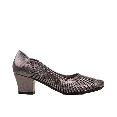 M2S Platin Kadın Kısa Topuk Saten Taşlı Klasik Ayakkabı