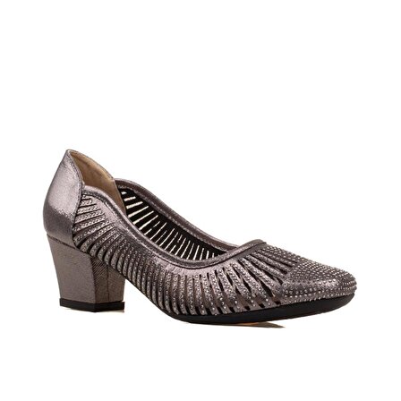 M2S Platin Kadın Kısa Topuk Saten Taşlı Klasik Ayakkabı