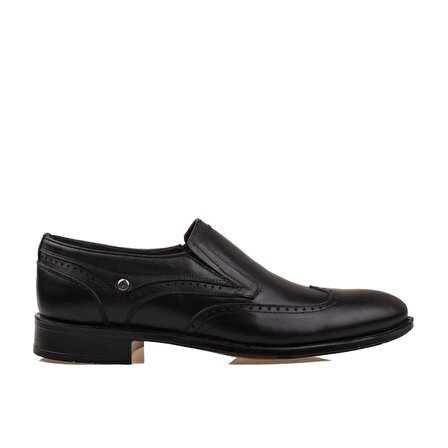 M2S Siyah Lazer Erkek Hakiki Deri Bağcıksız Klasik Ayakkabı
