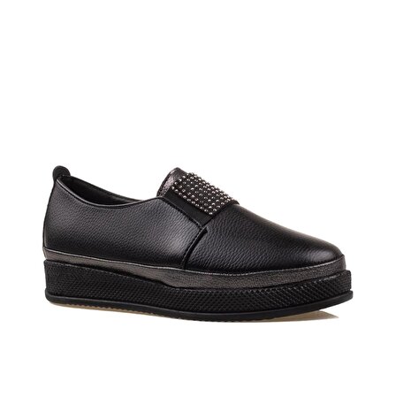 M2S Siyah Lastik Boğazlı Taşlı Comfort Kadın Ayakkabı