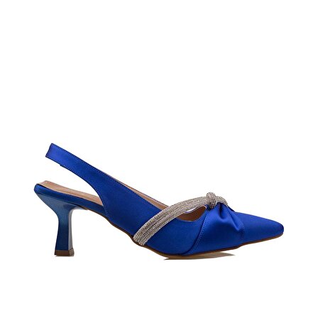 M2S Saks Mavi Saten Fiyonklu Yandan Taşlı Klasik Ayakkabı