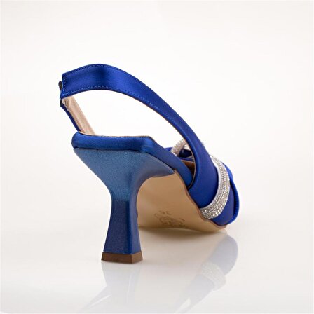 M2S Saks Mavi Saten Fiyonklu Yandan Taşlı Klasik Ayakkabı