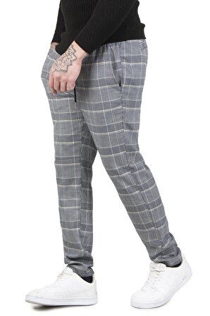 DeepSEA Erkek Gri Ekose Desenli Beli Lastikli Bağcıklı Dar Paça Slim Fit Erkek Pantolon 2205010