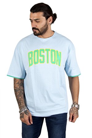 DeepSEA Erkek Buz Mavisi Boston Yazı Baskılı Oversize Tişört 2200507