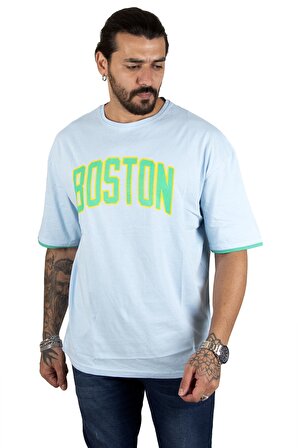 DeepSEA Erkek Buz Mavisi Boston Yazı Baskılı Oversize Tişört 2200507