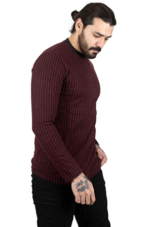 DeepSEA Erkek Bordo Çizgi Desenli Bisiklet Yaka Yeni Sezon Sweatshirt 2303114