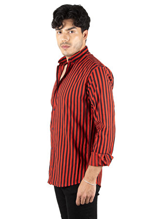 DeepSEA Erkek Kırmızı  Kalın Çizgili Çift Renk Likralı Büyük Beden Poplin Gömlek 2301805