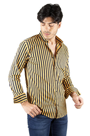 DeepSEA Erkek Sarı  Kalın Çizgili Çift Renk Likralı Büyük Beden Poplin Gömlek 2301805