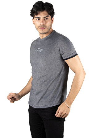 DeepSEA Erkek Füme Nokta Desenli Kolları Ve Eteği Detaylı Önü Yazı Nakışlı Tişört 2309468