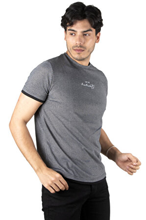 DeepSEA Erkek Füme Nokta Desenli Kolları Ve Eteği Detaylı Önü Yazı Nakışlı Tişört 2309468