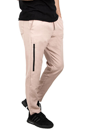 DeepSEA Erkek Krem Beli Lastikli Bağcıklı Şeritli İnce Spor Pantolon 2300070