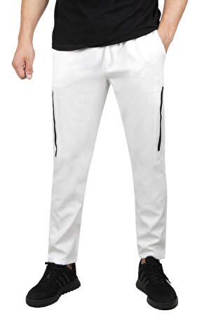DeepSEA Erkek Beyaz Beli Lastikli Bağcıklı Şeritli İnce Spor Pantolon 2300070