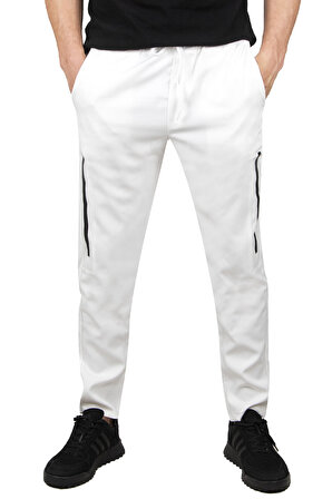 DeepSEA Erkek Beyaz Beli Lastikli Bağcıklı Şeritli İnce Spor Pantolon 2300070