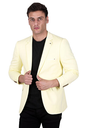 DeepSEA Erkek Sarı Tek Düğme Yırtmaçlı Penye Blazer Ceket 23047741