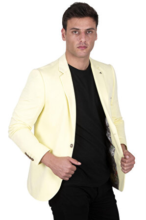 DeepSEA Erkek Sarı Tek Düğme Yırtmaçlı Penye Blazer Ceket 23047741