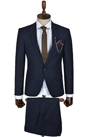 DeepSEA Erkek Koyu Lacivert Tek Düğme Slim Fit 2li Takım Elbise 2303103